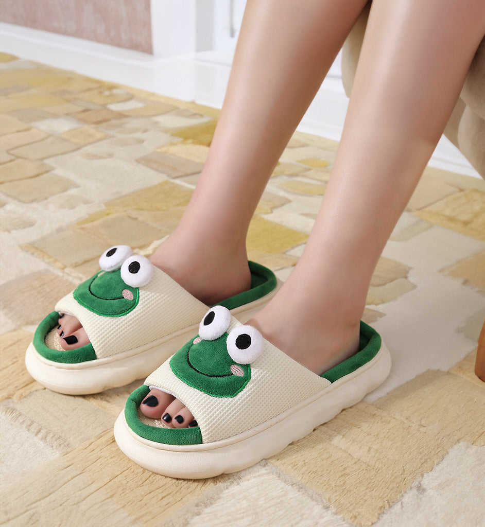 Wholesale Cute Milk Frog Cartoon Linen Thick Sole Slippers